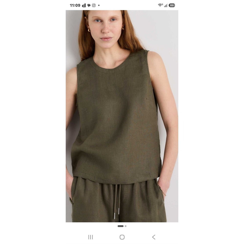 Quince European Linen Tank Top Bayberry Olive Green Sleeveless Blouse Medium NWT